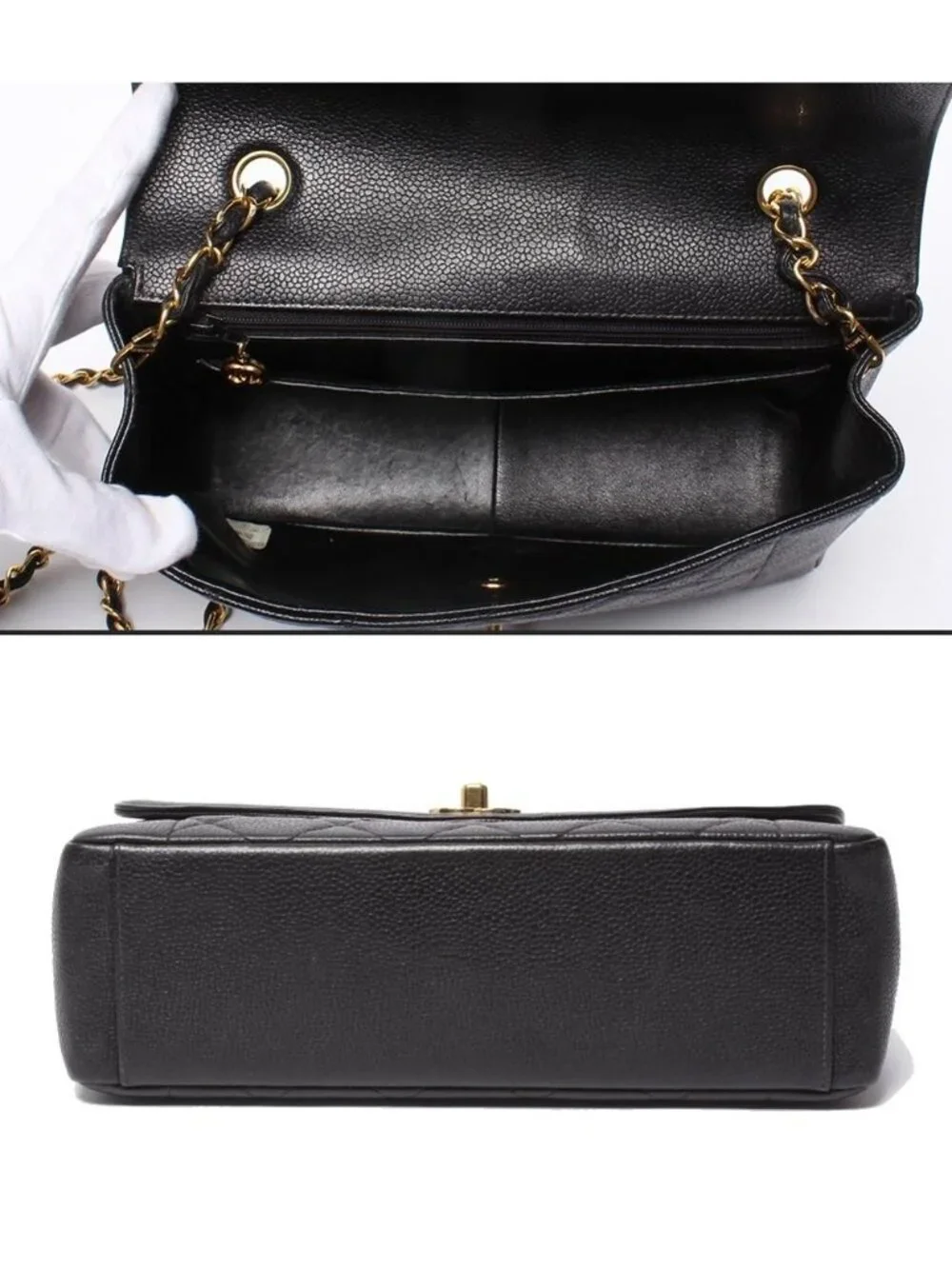 Chanel Chain Shoulder Bag Gold Diana Flap Quilted Caviar Leather